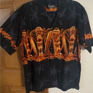 Men's Black and Orange Hawaiian Tiki and Surf Board Shirt